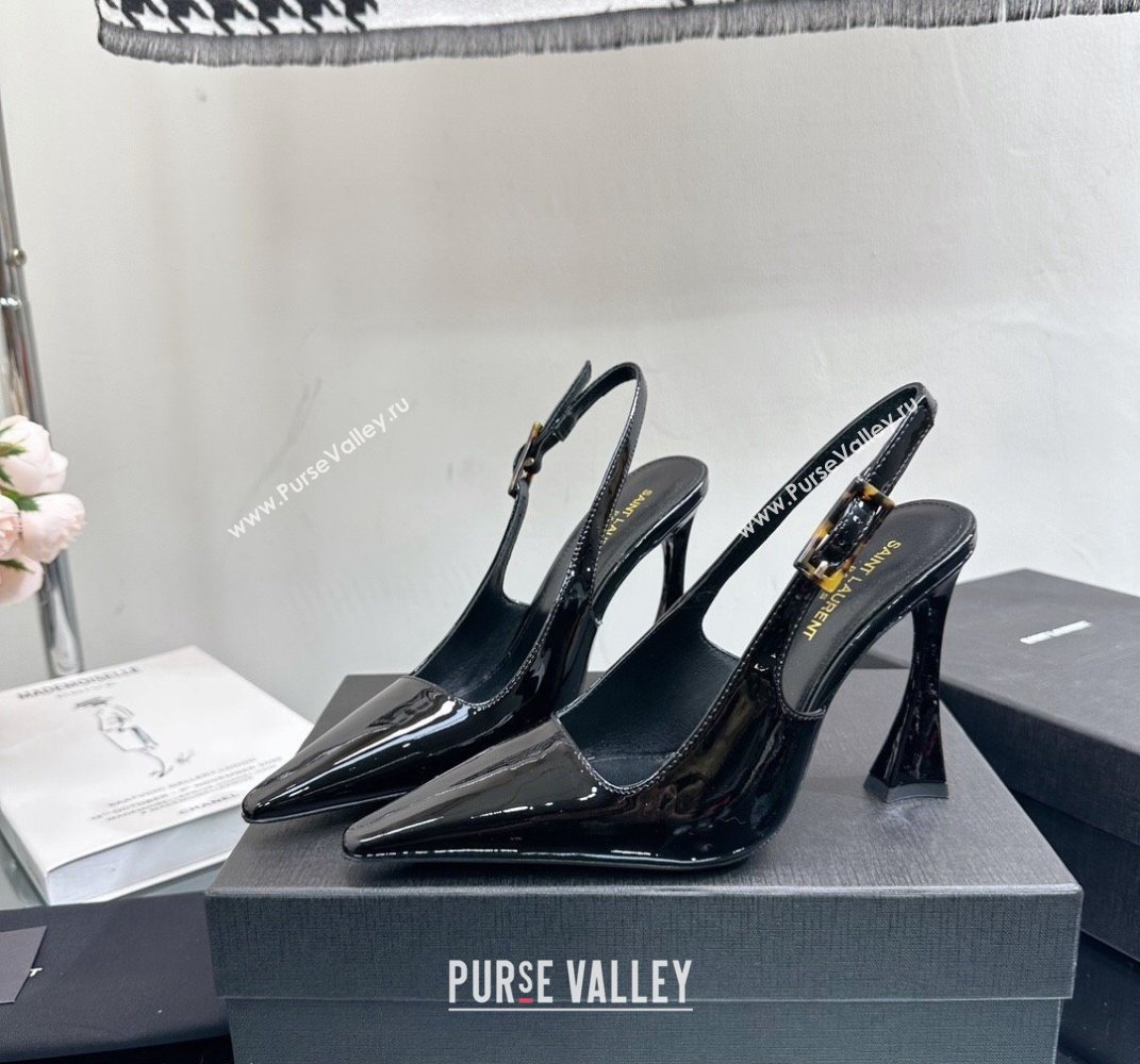 Saint Laurent Heel 10.5cm Kiki patent leather slingback pumps Black 2024 (modeng-24010807)