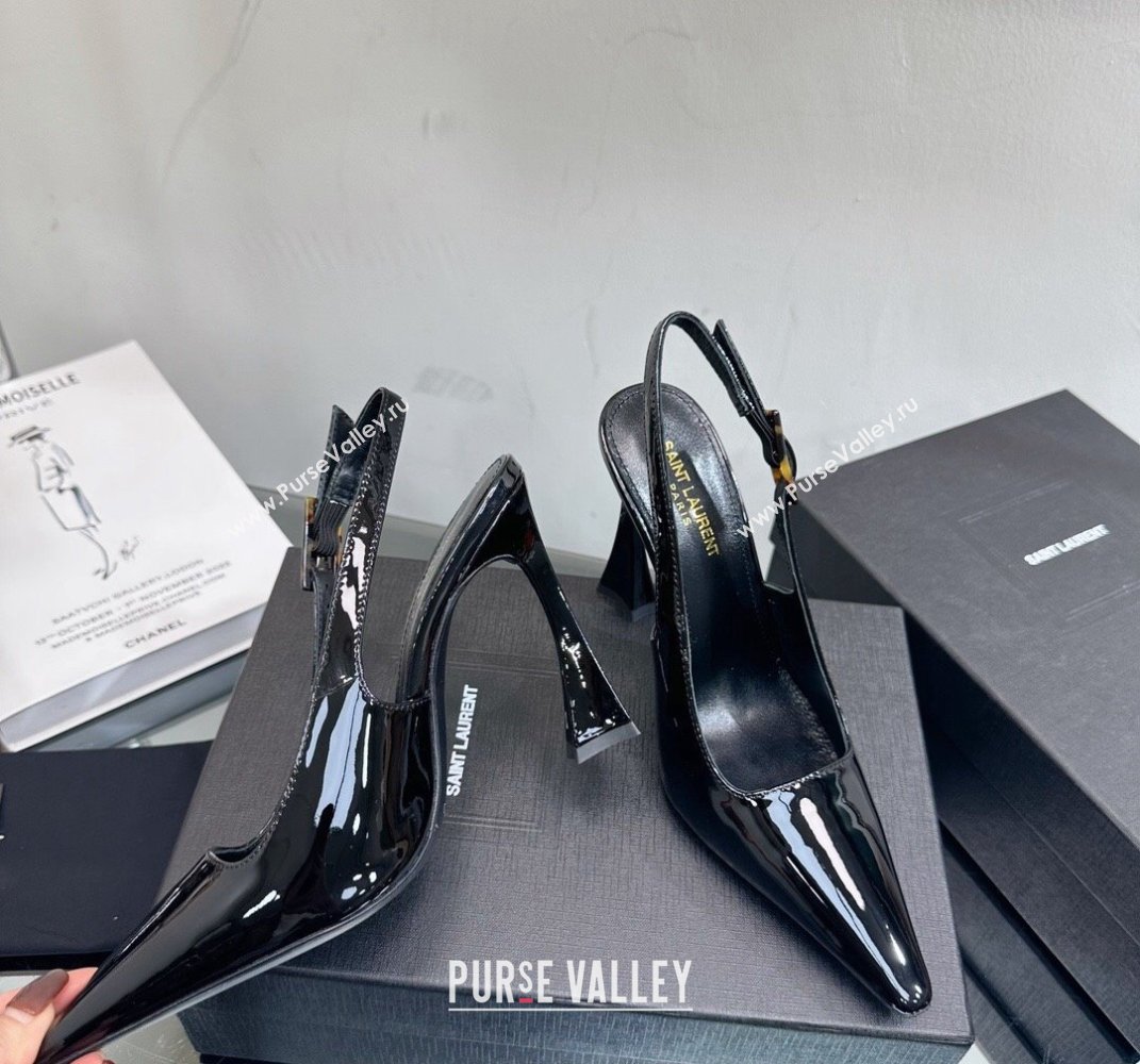 Saint Laurent Heel 10.5cm Kiki patent leather slingback pumps Black 2024 (modeng-24010807)