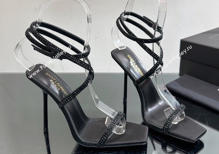 Saint Laurent Heel 8.5cm/11.5cm Gippy Satine Crystal Embellished Sandals Black 2024 (modeng-24010812)