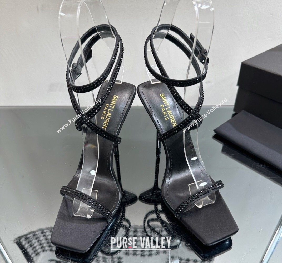 Saint Laurent Heel 8.5cm/11.5cm Gippy Satine Crystal Embellished Sandals Black 2024 (modeng-24010812)