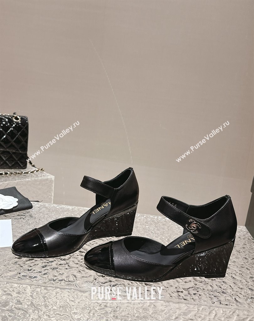 Chanel Lambskin Patent Calfskin Wedge Mary Janes G45422 Black 2024 (modeng-24010405)