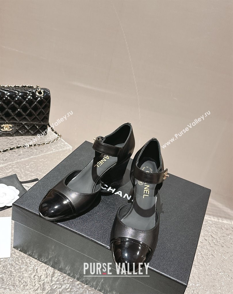 Chanel Lambskin Patent Calfskin Wedge Mary Janes G45422 Black 2024 (modeng-24010405)