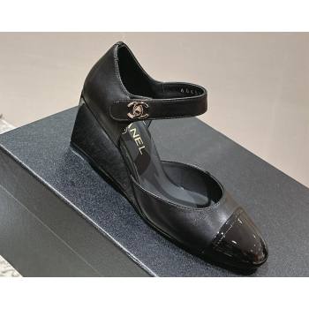 Chanel Lambskin Patent Calfskin Wedge Mary Janes G45422 Black 2024 (modeng-24010405)