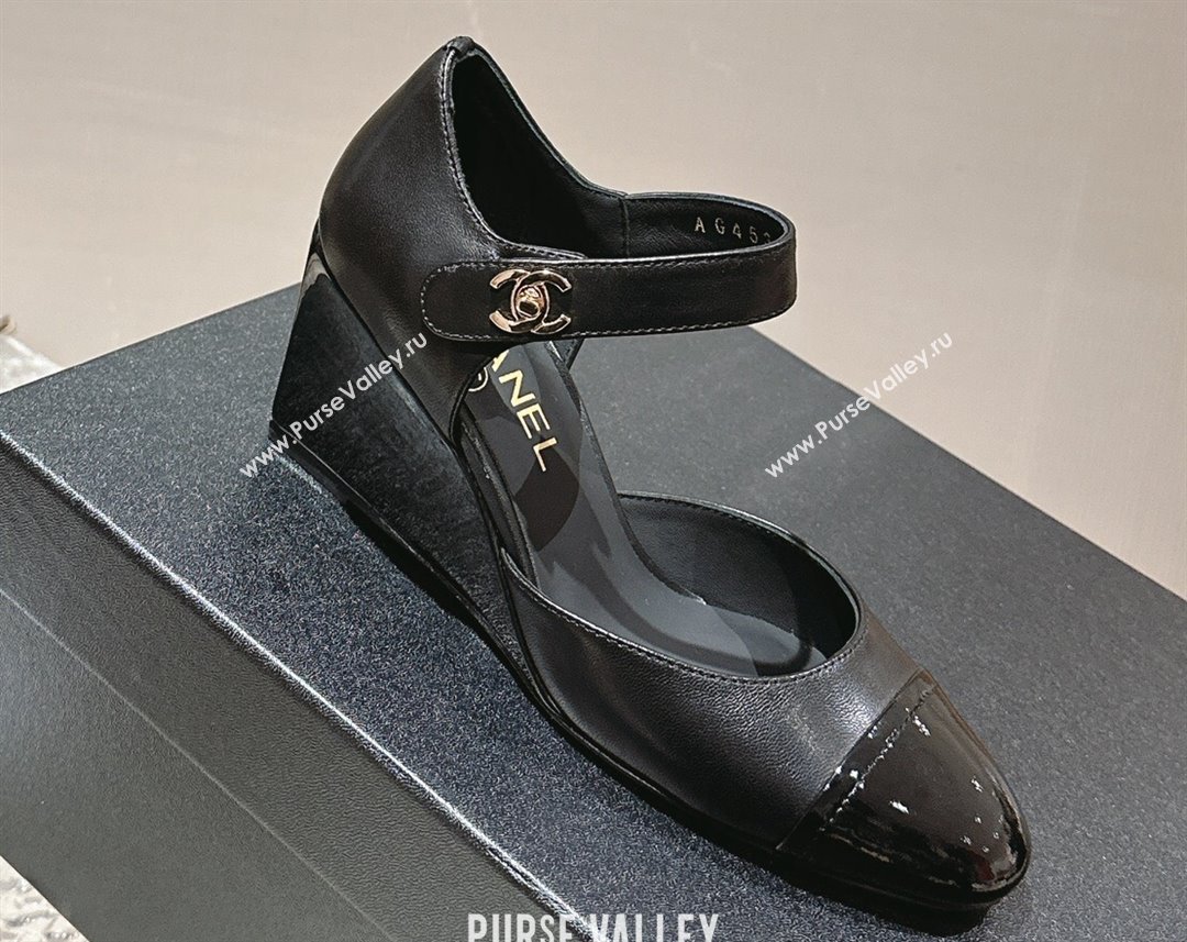 Chanel Lambskin Patent Calfskin Wedge Mary Janes G45422 Black 2024 (modeng-24010405)
