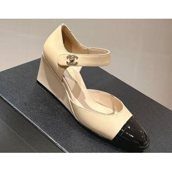 Chanel Lambskin Patent Calfskin Wedge Mary Janes G45422 Beige/Black 2024 (modeng-24010403)