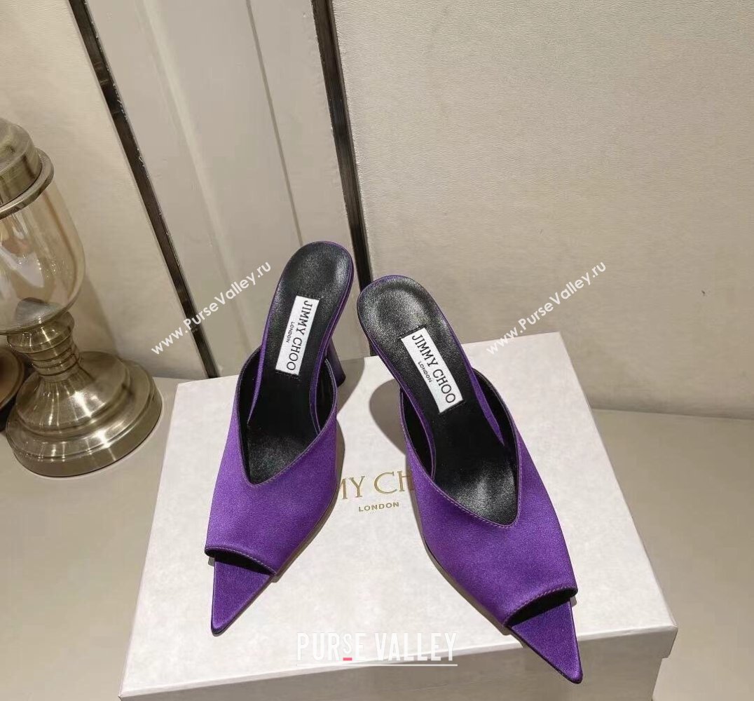 Jimmy Choo Heel 10cm Maryanne Mule 100 Satin Pointed-Toe Mules Purple 2024 (modeng-24010445)