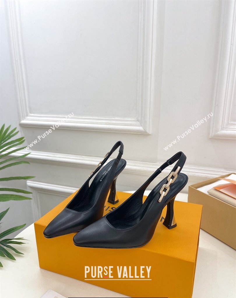 Louis Vuitton Heel 9.5cm Sparkle Slingback Pumps in Calf leather Black 2024 (modeng-24010837)