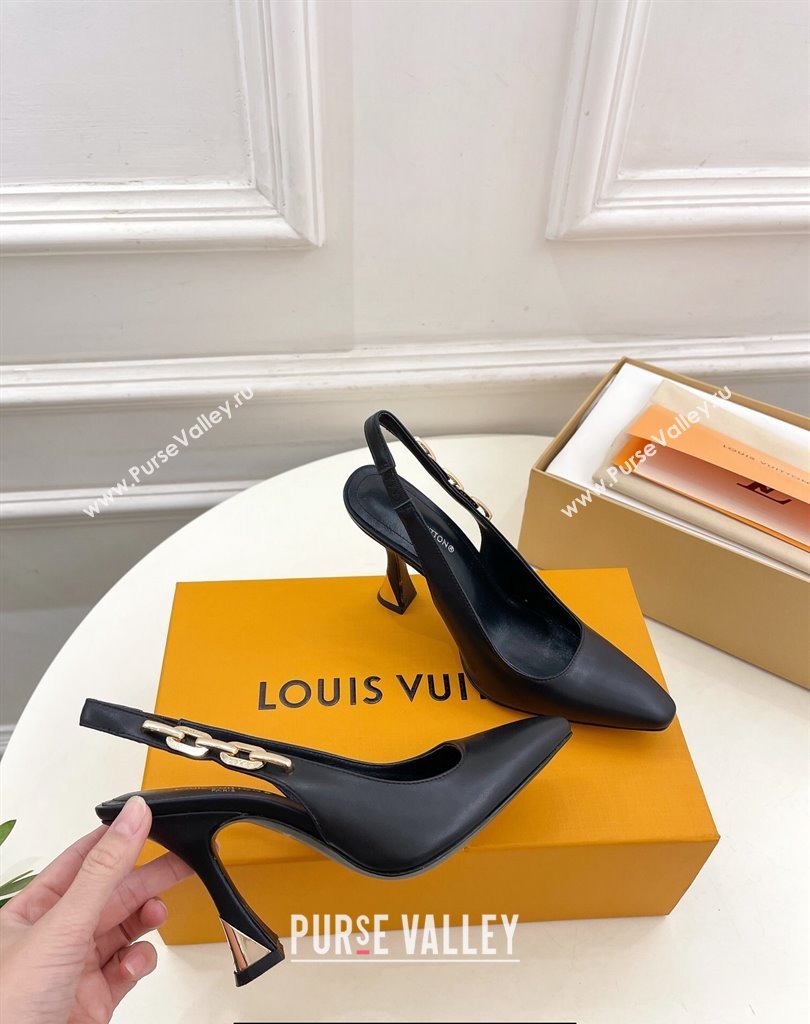 Louis Vuitton Heel 9.5cm Sparkle Slingback Pumps in Calf leather Black 2024 (modeng-24010837)