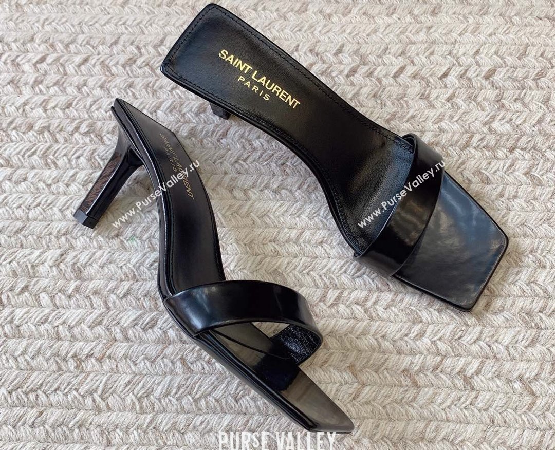 Saint Laurent Heel 6.5cm pam mules in glazed leather 755359 Black 2024 (kaola-24010814)