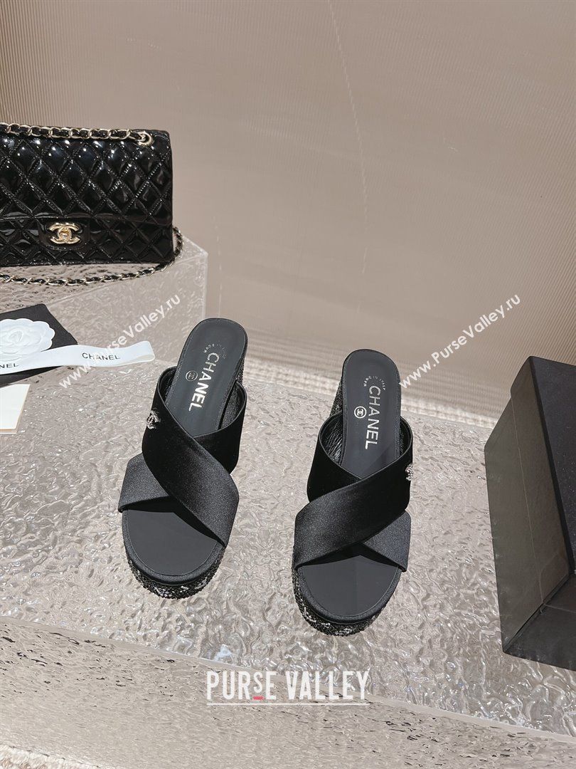 Chanel Heel 5cm/9cm Grosgrain Strass Mules Black 2024 (modeng-24010601)