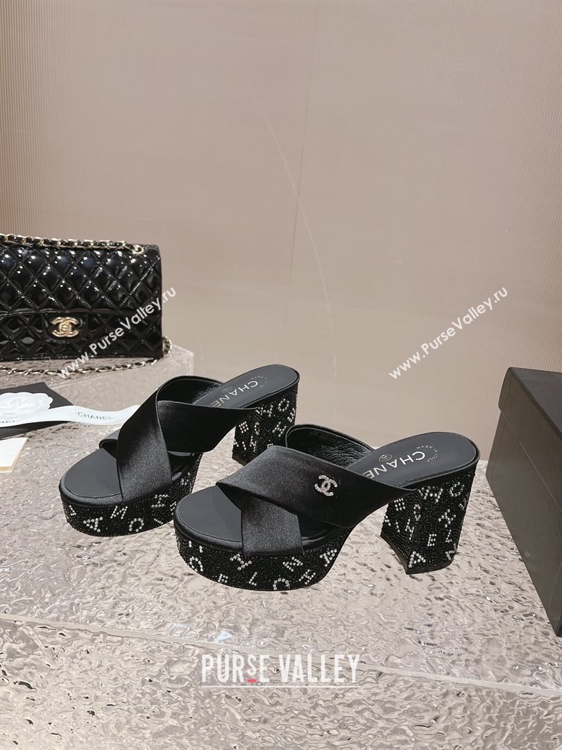 Chanel Heel 5cm/9cm Grosgrain Strass Mules Black 2024 (modeng-24010601)