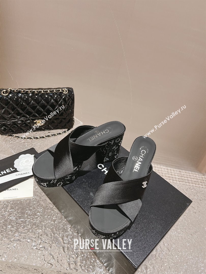 Chanel Heel 5cm/9cm Grosgrain Strass Mules Black 2024 (modeng-24010601)