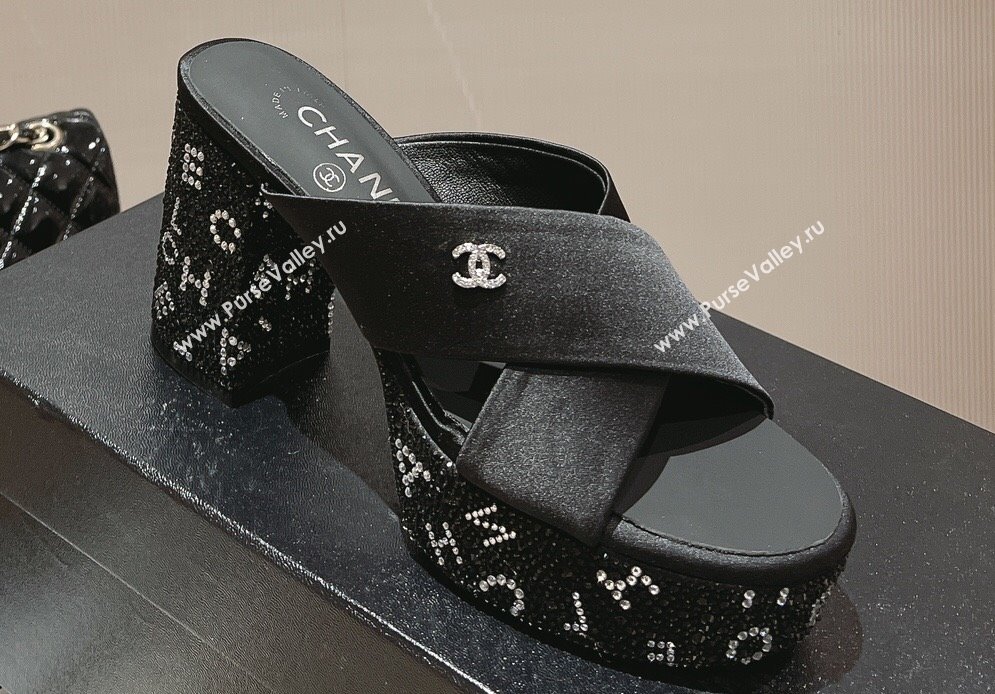 Chanel Heel 5cm/9cm Grosgrain Strass Mules Black 2024 (modeng-24010601)