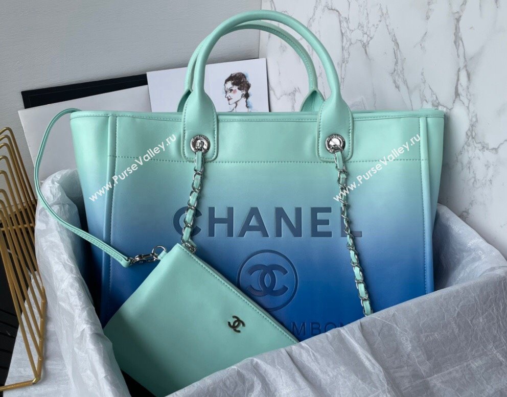 Chanel Shaded Calfskin Silver-Tone Metal Shopping Bag AS3351 Turquoise Blue 2024 (jiyuan-24010610)
