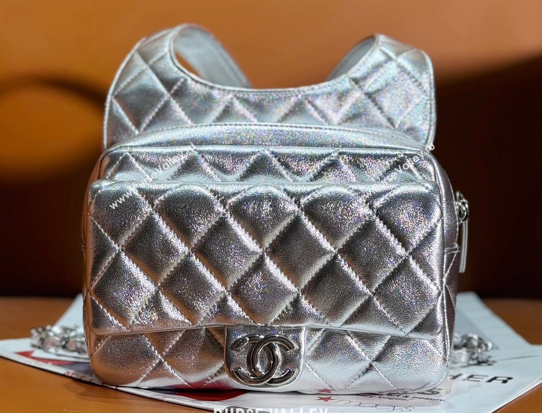 chanel Metallic Lambskin Silver-Tone Metal Backpack Bag AS4621 Silver 2024 (jiyuan-24010609)