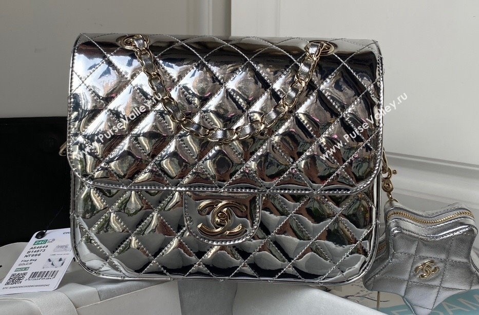 chanel Mirror Calfskin Calfskin Gold-Tone Metal Backpack Bag Star Coin Purse AS4649 Metallic Silver 2024 (jiyuan-24010606)