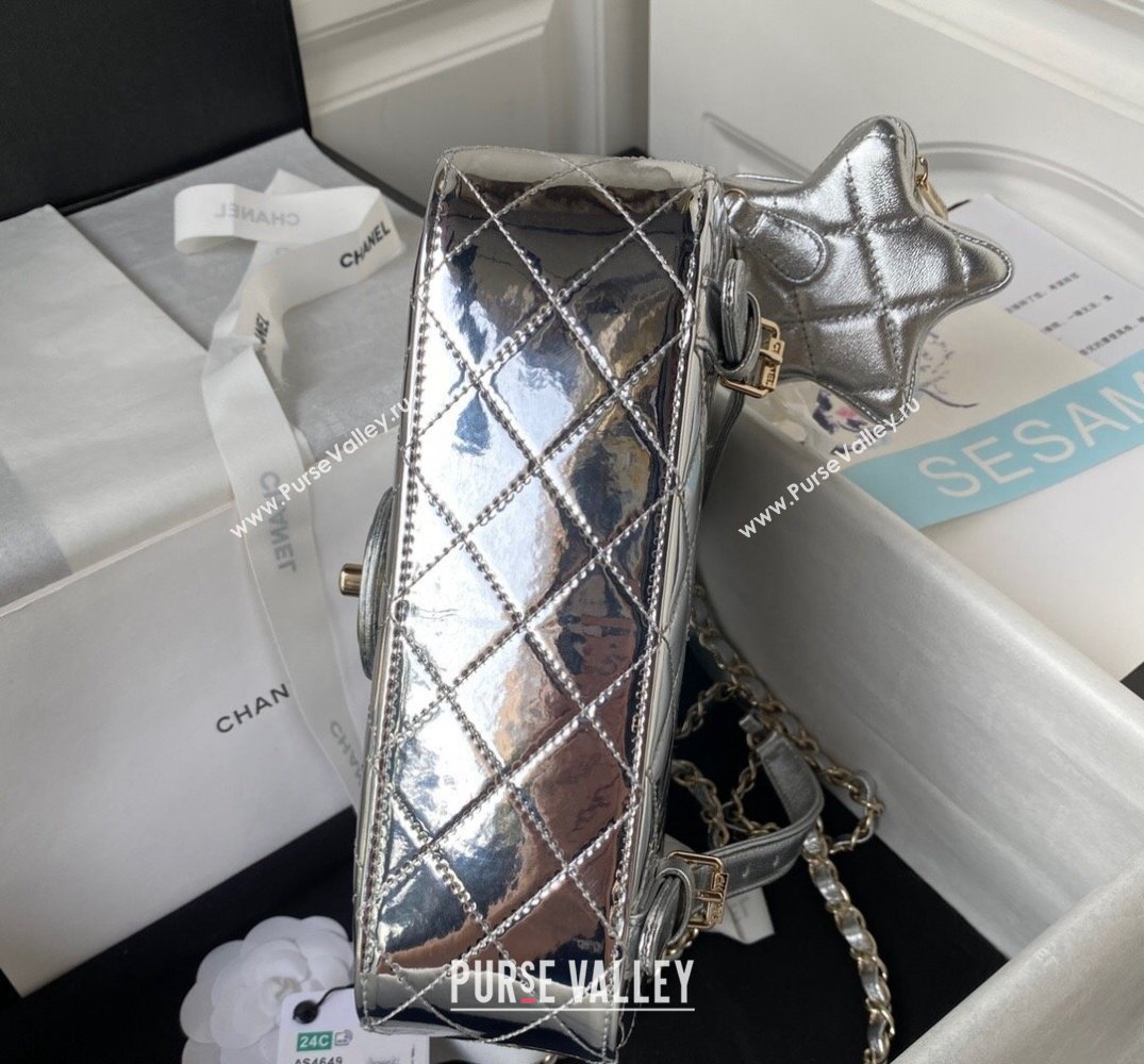 chanel Mirror Calfskin Calfskin Gold-Tone Metal Backpack Bag Star Coin Purse AS4649 Metallic Silver 2024 (jiyuan-24010606)