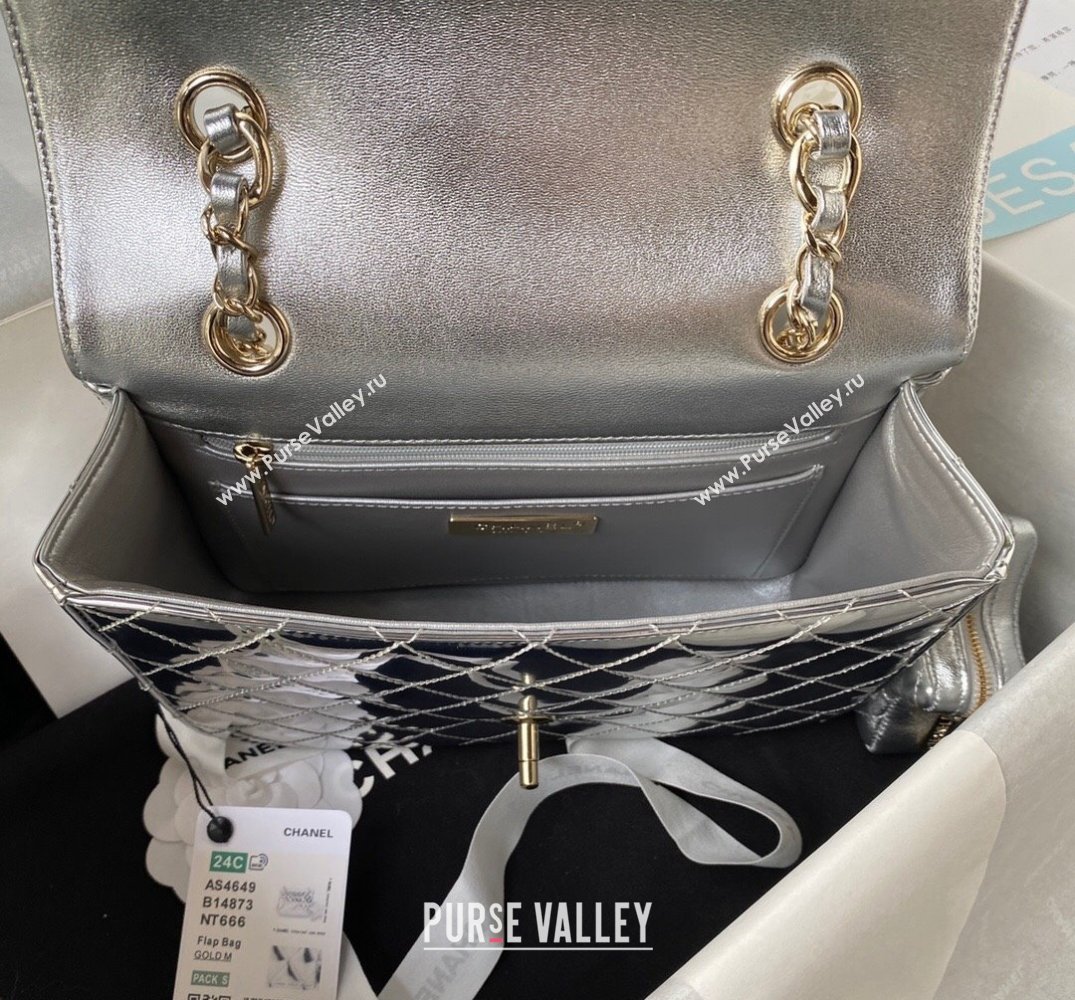 chanel Mirror Calfskin Calfskin Gold-Tone Metal Backpack Bag Star Coin Purse AS4649 Metallic Silver 2024 (jiyuan-24010606)