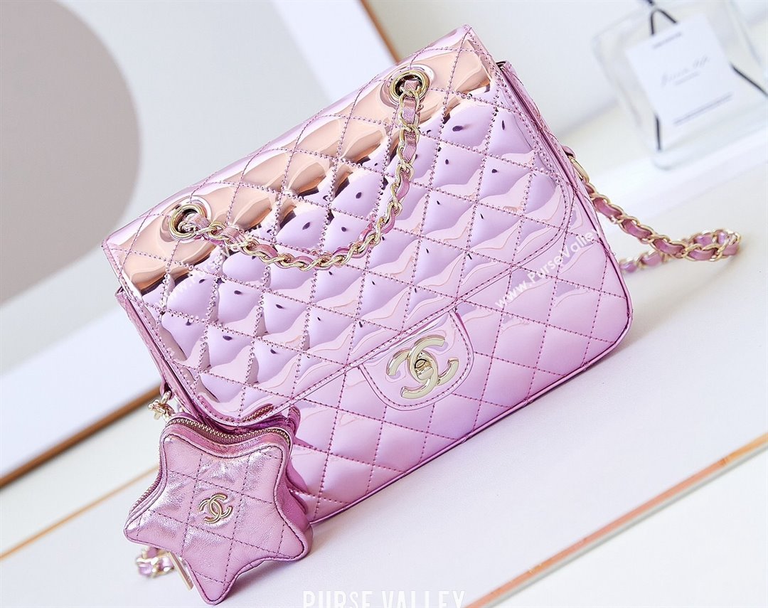 chanel Mirror Calfskin Calfskin Gold-Tone Metal Backpack Bag Star Coin Purse AS4649 Metallic Light Purple 2024 (jiyuan-24010607)