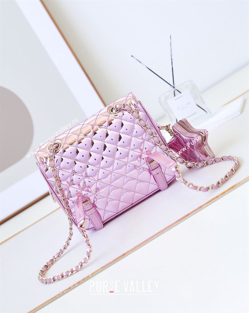 chanel Mirror Calfskin Calfskin Gold-Tone Metal Backpack Bag Star Coin Purse AS4649 Metallic Light Purple 2024 (jiyuan-24010607)