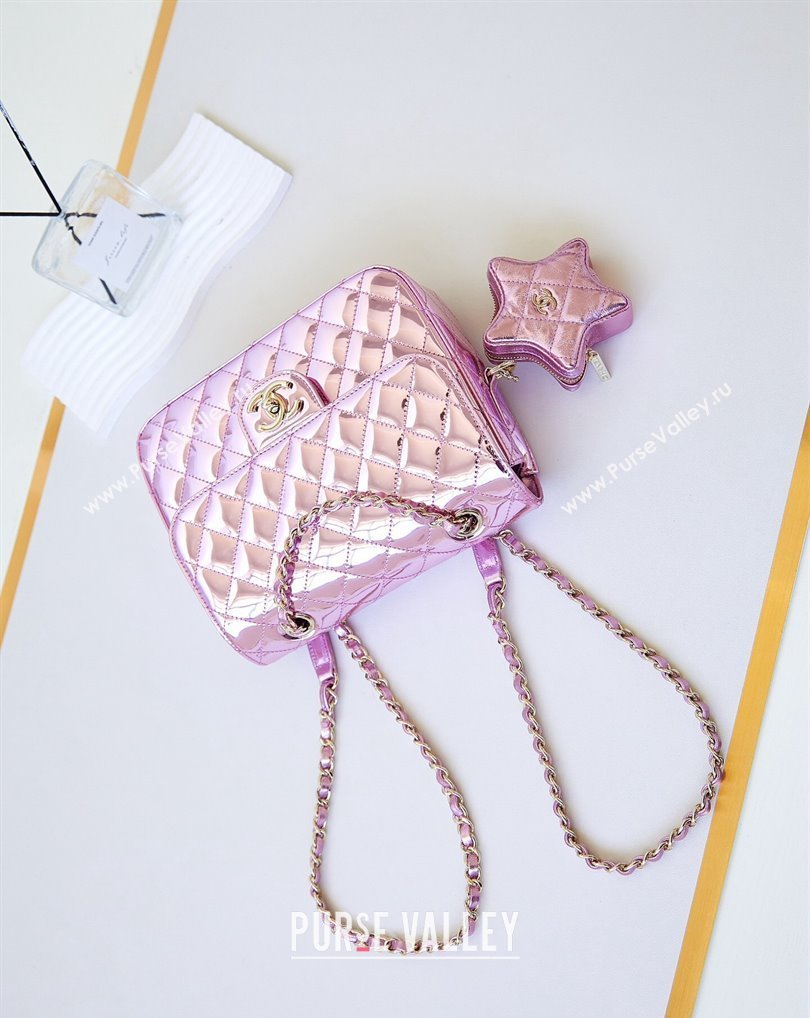 chanel Mirror Calfskin Calfskin Gold-Tone Metal Backpack Bag Star Coin Purse AS4649 Metallic Light Purple 2024 (jiyuan-24010607)