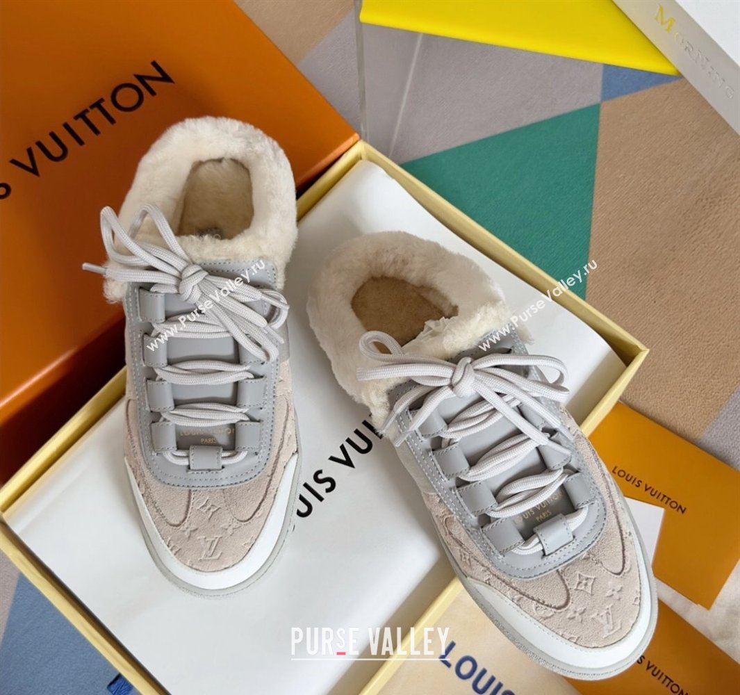 Louis Vuitton Lous Open Back Sneakers Monogram-debossed suede calf leather and shearling Beige Top Quality (guoran-24011225)
