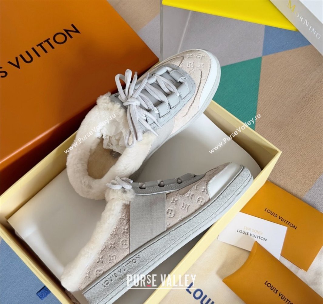 Louis Vuitton Lous Open Back Sneakers Monogram-debossed suede calf leather and shearling Beige Top Quality (guoran-24011225)