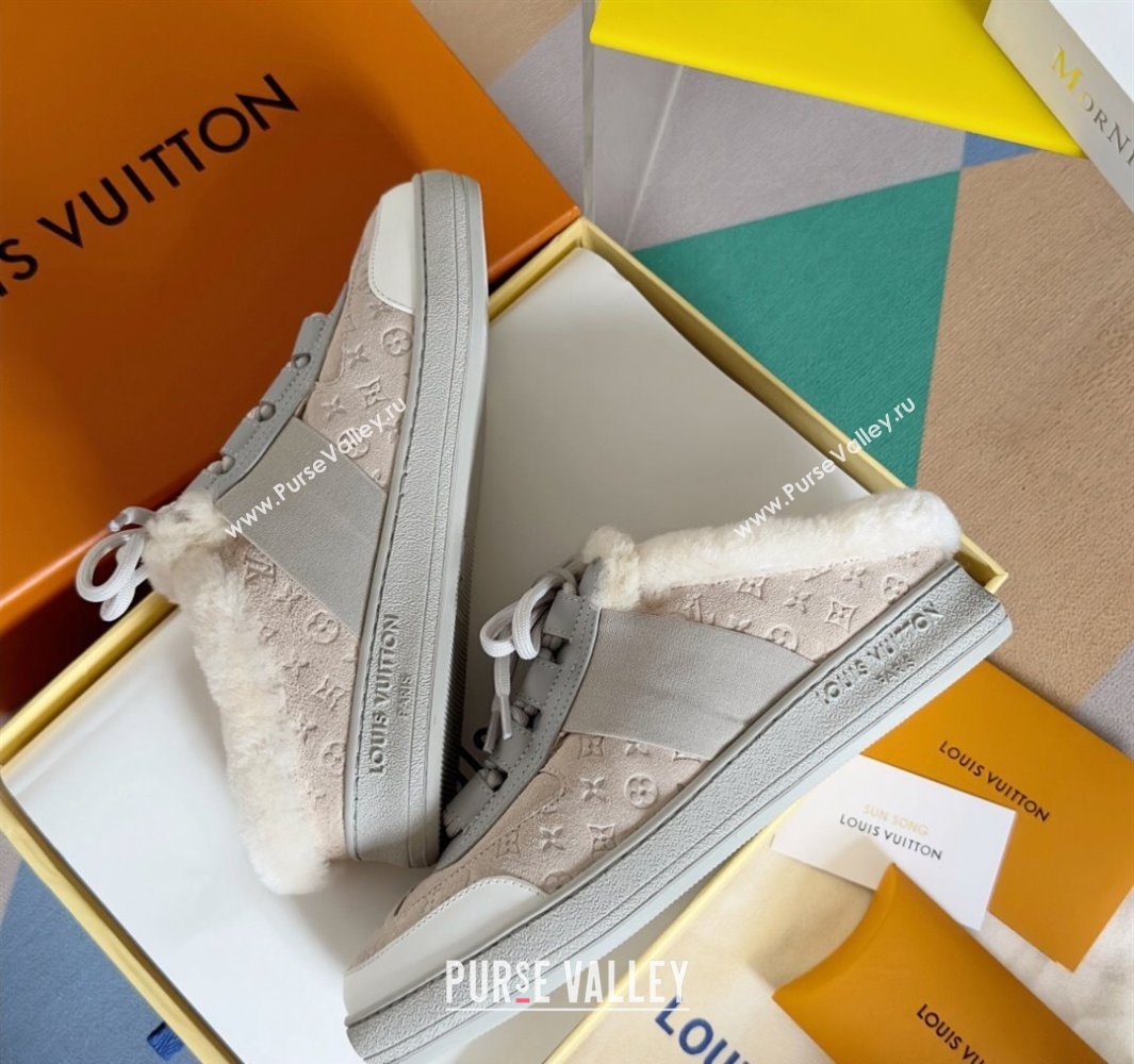 Louis Vuitton Lous Open Back Sneakers Monogram-debossed suede calf leather and shearling Beige Top Quality (guoran-24011225)