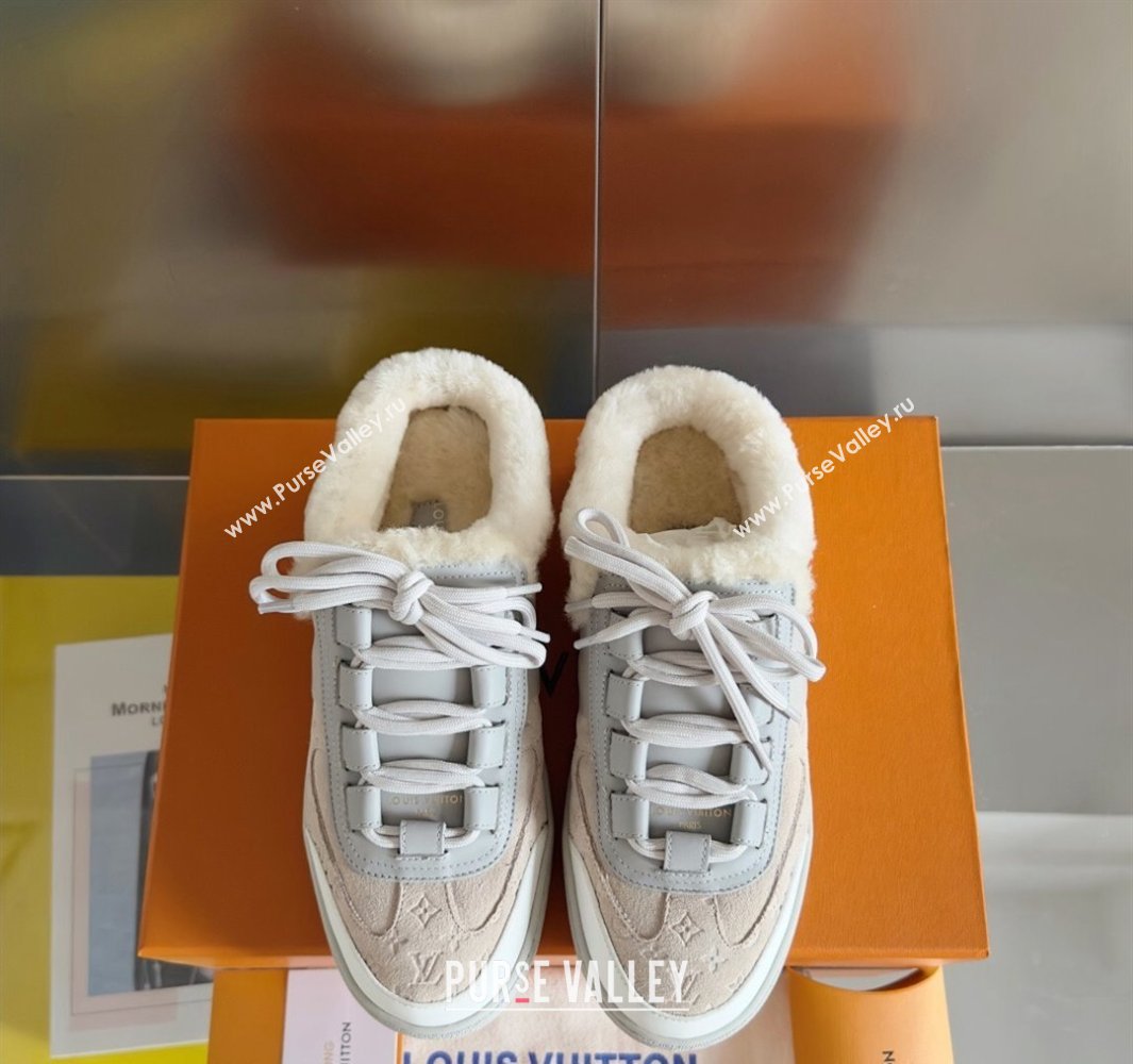 Louis Vuitton Lous Open Back Sneakers Monogram-debossed suede calf leather and shearling Beige Top Quality (guoran-24011225)