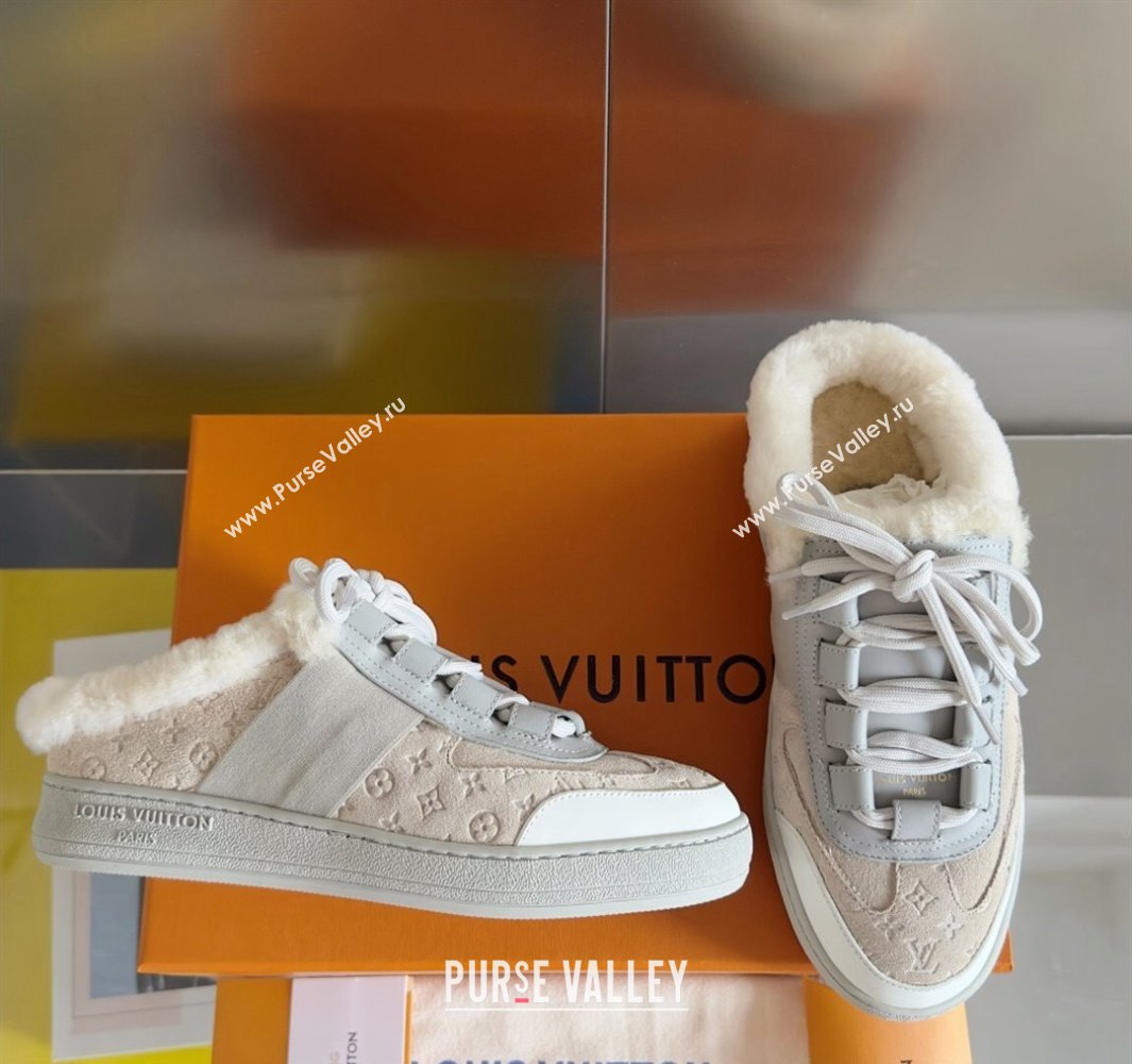 Louis Vuitton Lous Open Back Sneakers Monogram-debossed suede calf leather and shearling Beige Top Quality (guoran-24011225)