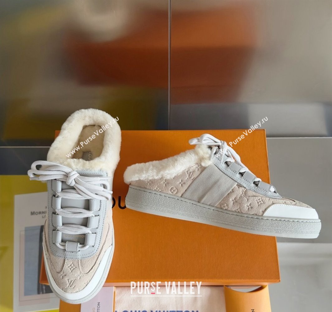 Louis Vuitton Lous Open Back Sneakers Monogram-debossed suede calf leather and shearling Beige Top Quality (guoran-24011225)