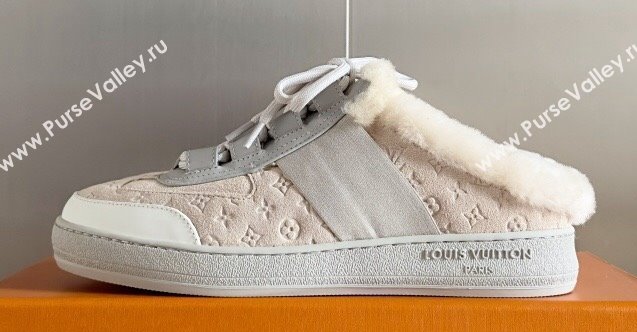 Louis Vuitton Lous Open Back Sneakers Monogram-debossed suede calf leather and shearling Beige Top Quality (guoran-24011225)