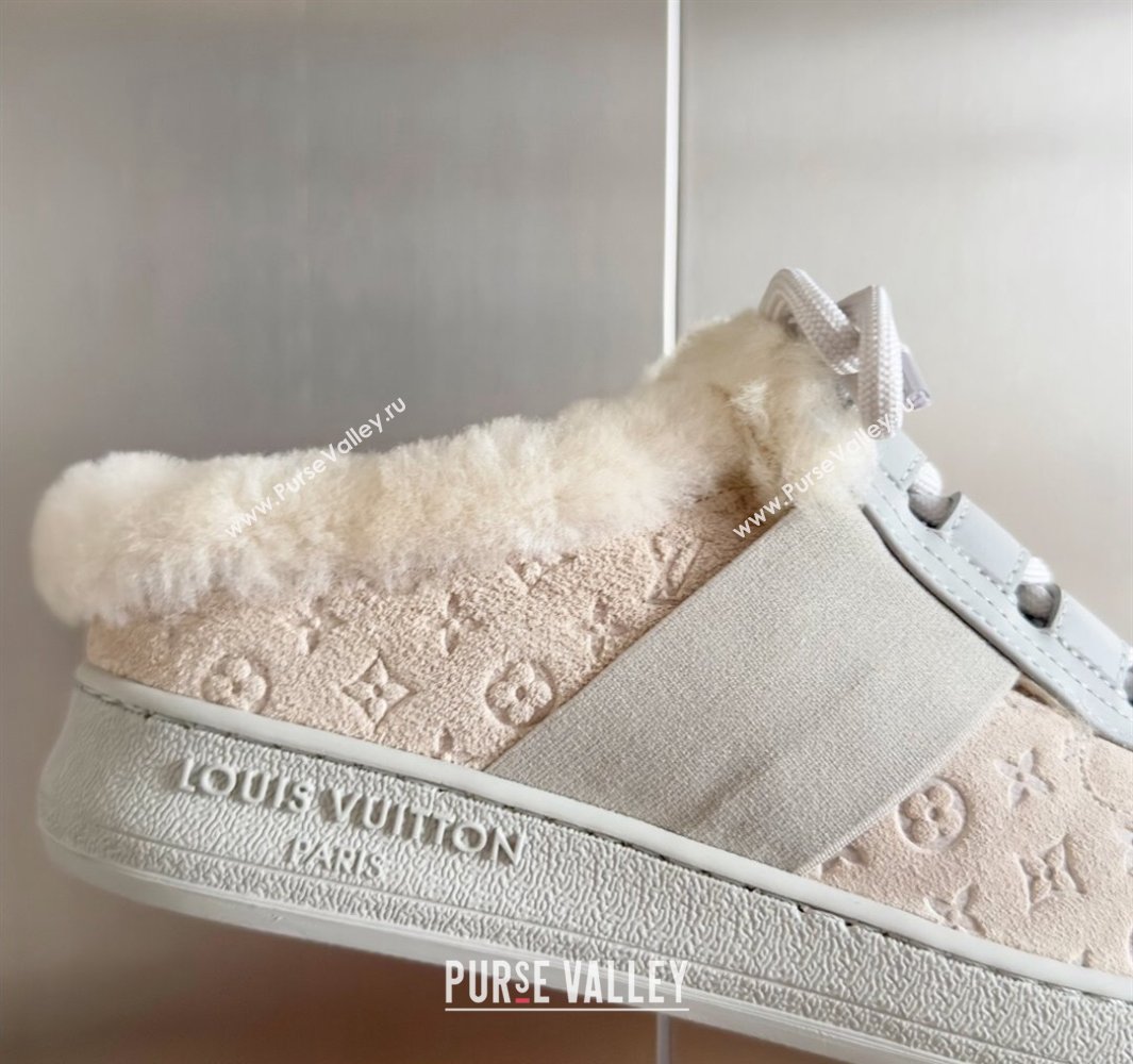 Louis Vuitton Lous Open Back Sneakers Monogram-debossed suede calf leather and shearling Beige Top Quality (guoran-24011225)