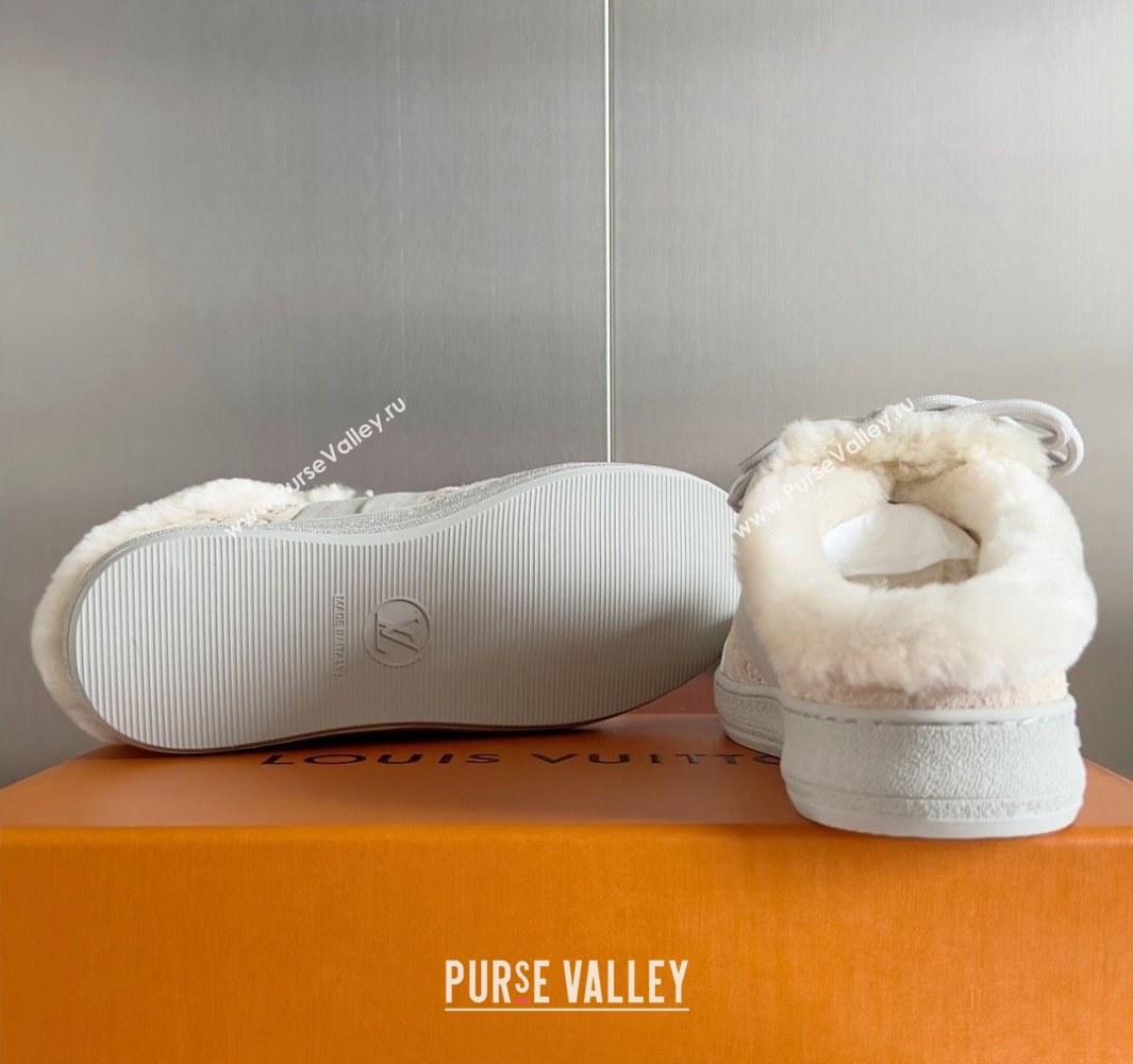 Louis Vuitton Lous Open Back Sneakers Monogram-debossed suede calf leather and shearling Beige Top Quality (guoran-24011225)