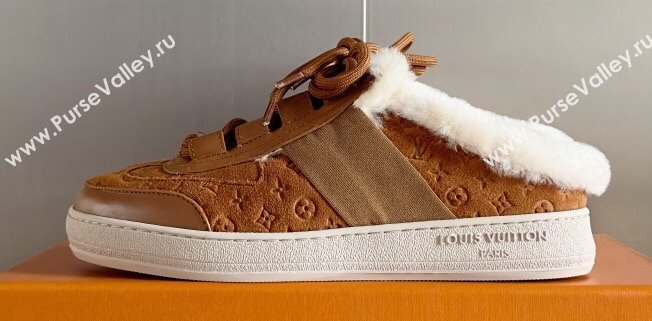 Louis Vuitton Lous Open Back Sneakers Monogram-debossed suede calf leather and shearling Brown Top Quality (guoran-24011224)