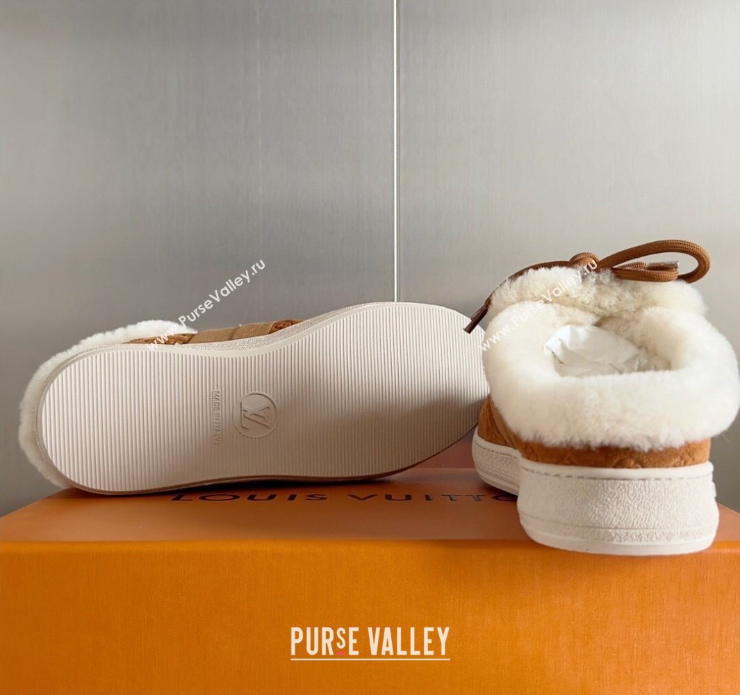 Louis Vuitton Lous Open Back Sneakers Monogram-debossed suede calf leather and shearling Brown Top Quality (guoran-24011224)