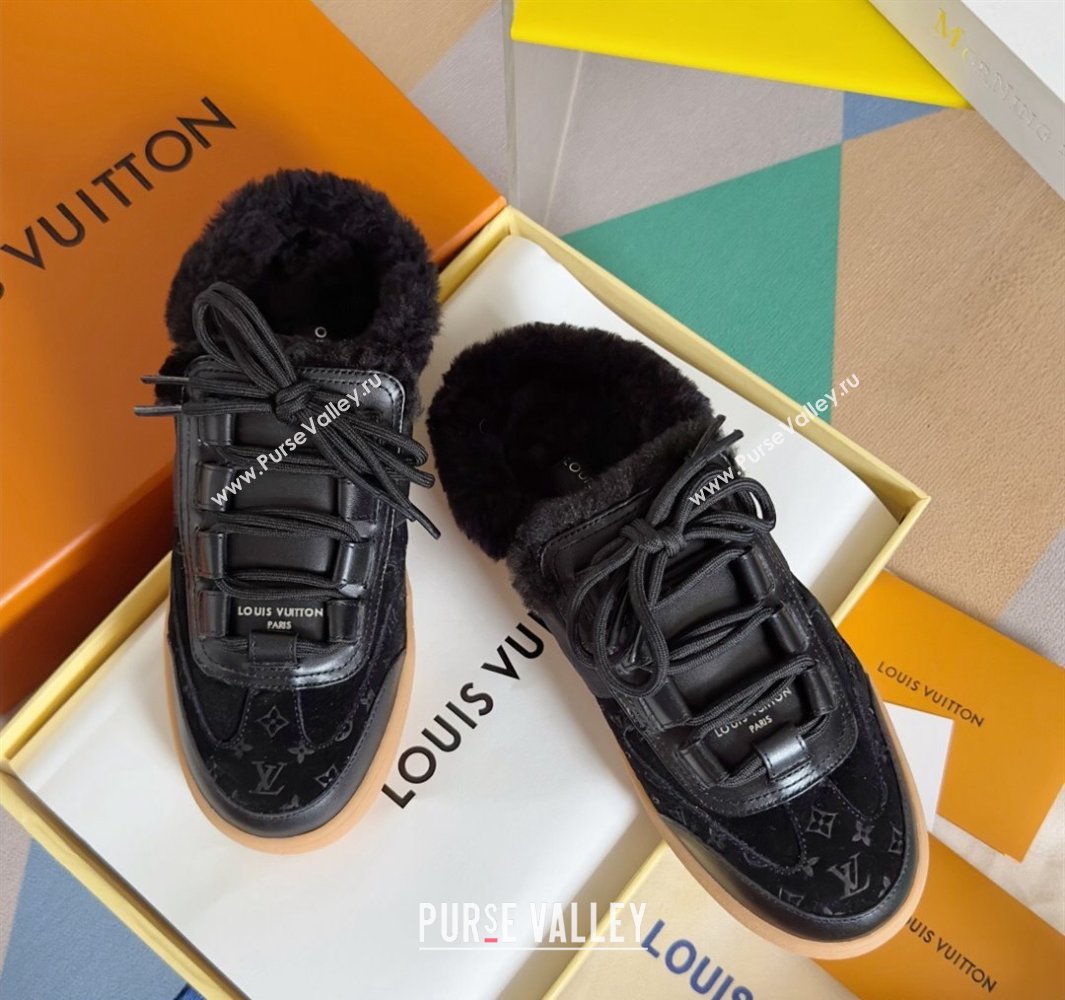 Louis Vuitton Lous Open Back Sneakers Monogram-debossed suede calf leather and shearling Black Top Quality (guoran-24011223)