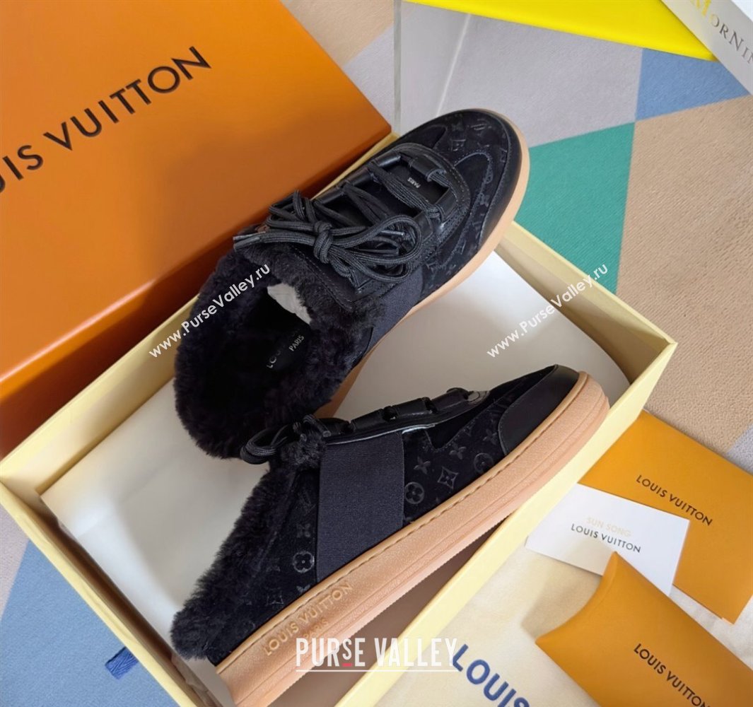 Louis Vuitton Lous Open Back Sneakers Monogram-debossed suede calf leather and shearling Black Top Quality (guoran-24011223)