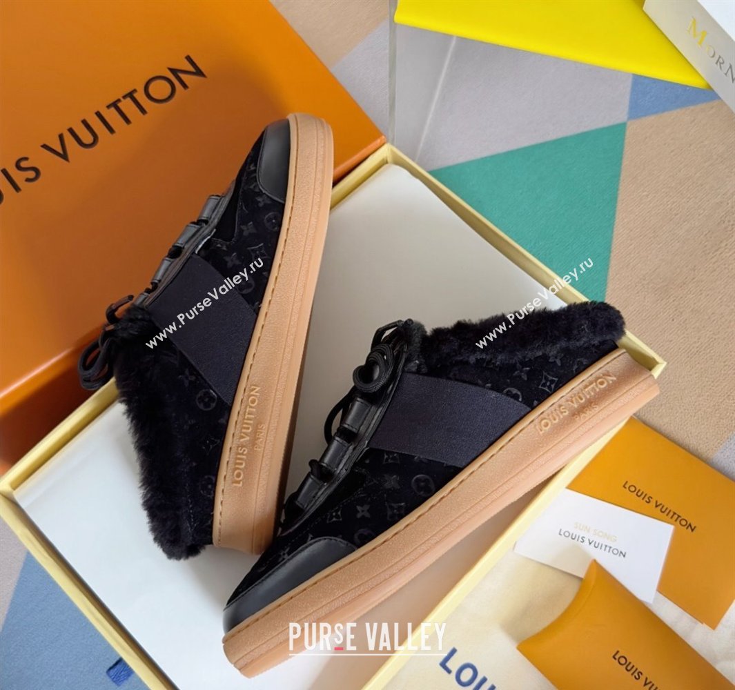 Louis Vuitton Lous Open Back Sneakers Monogram-debossed suede calf leather and shearling Black Top Quality (guoran-24011223)