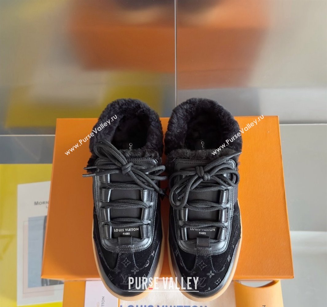 Louis Vuitton Lous Open Back Sneakers Monogram-debossed suede calf leather and shearling Black Top Quality (guoran-24011223)