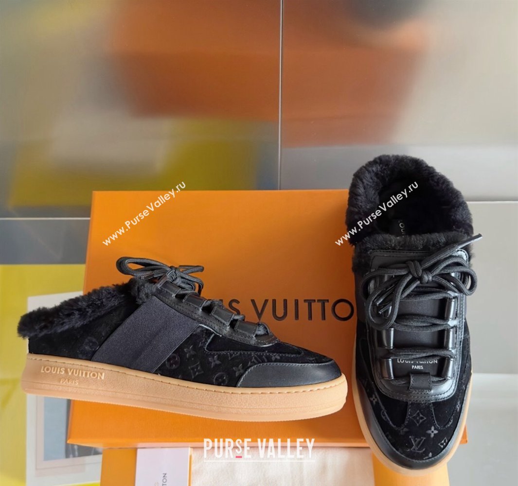 Louis Vuitton Lous Open Back Sneakers Monogram-debossed suede calf leather and shearling Black Top Quality (guoran-24011223)
