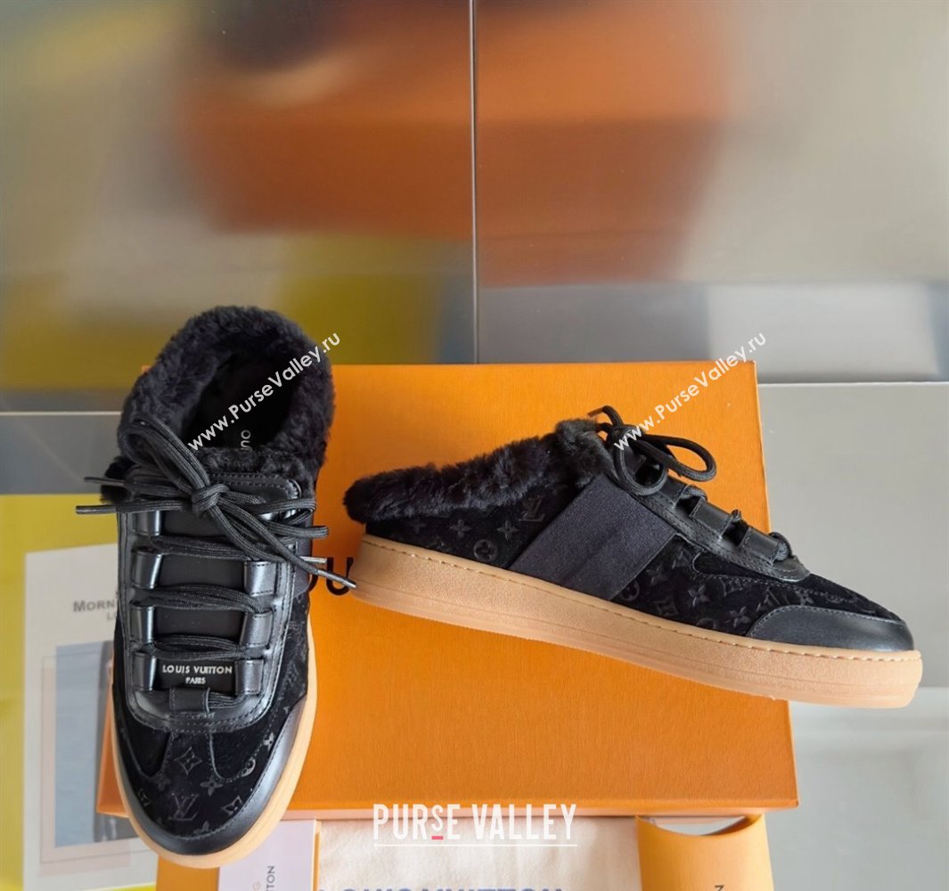 Louis Vuitton Lous Open Back Sneakers Monogram-debossed suede calf leather and shearling Black Top Quality (guoran-24011223)