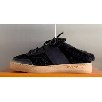 Louis Vuitton Lous Open Back Sneakers Monogram-debossed suede calf leather and shearling Black Top Quality (guoran-24011223)