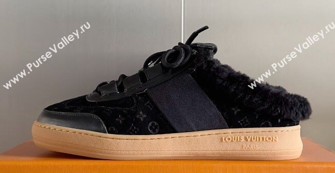 Louis Vuitton Lous Open Back Sneakers Monogram-debossed suede calf leather and shearling Black Top Quality (guoran-24011223)