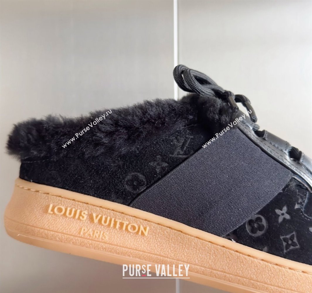 Louis Vuitton Lous Open Back Sneakers Monogram-debossed suede calf leather and shearling Black Top Quality (guoran-24011223)