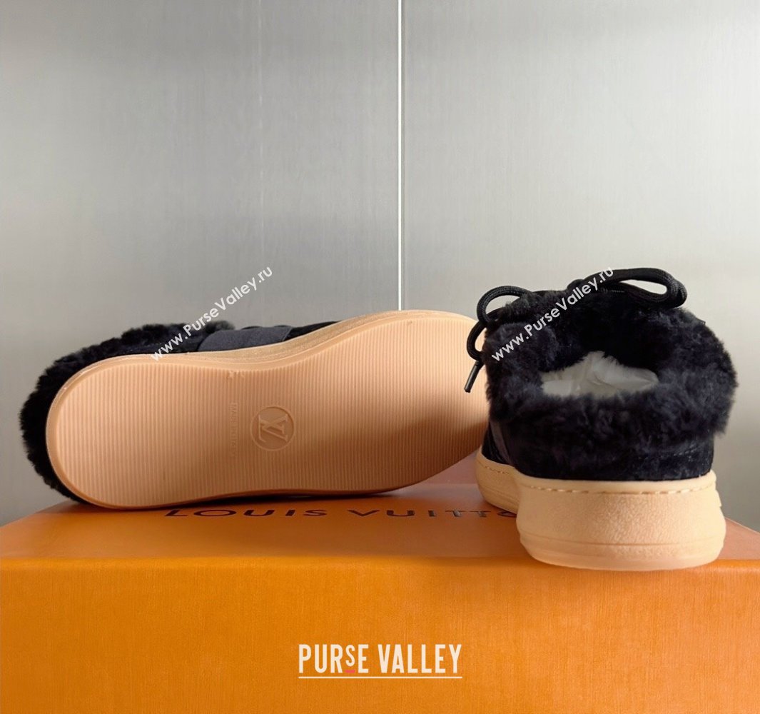 Louis Vuitton Lous Open Back Sneakers Monogram-debossed suede calf leather and shearling Black Top Quality (guoran-24011223)