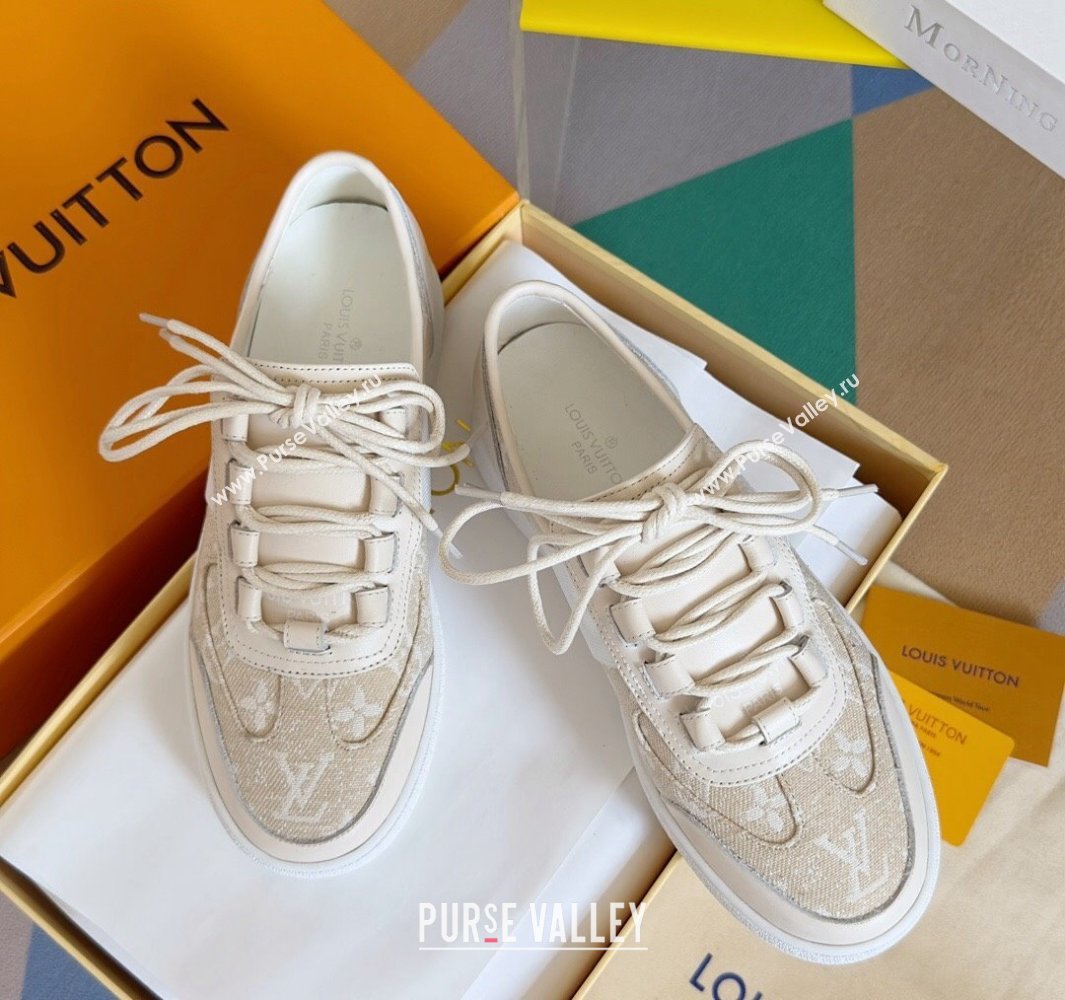 Louis Vuitton Lous Sneakers Calf leather and Monogram Denim Beige Top Quality (guoran-24011218)