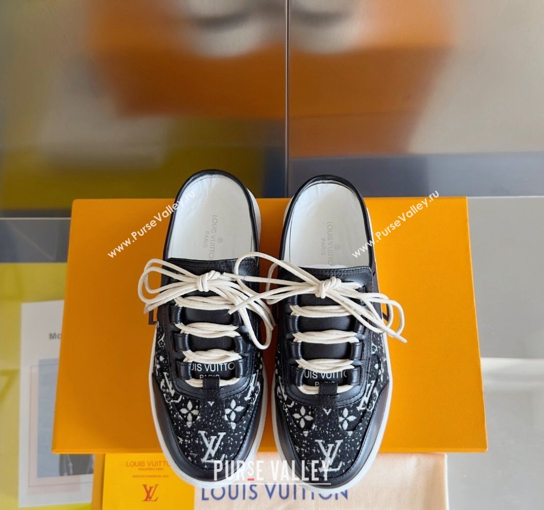 Louis Vuitton Lous Open Back Sneakers Calf leather and Monogram Denim Black Top Quality (guoran-24011219)