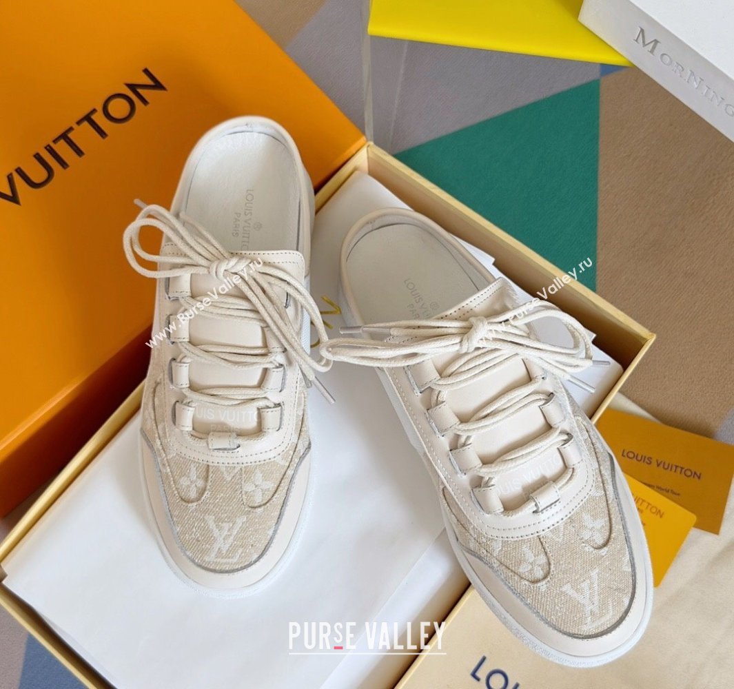 Louis Vuitton Lous Open Back Sneakers Calf leather and Monogram Denim Beige Top Quality (guoran-24011222)