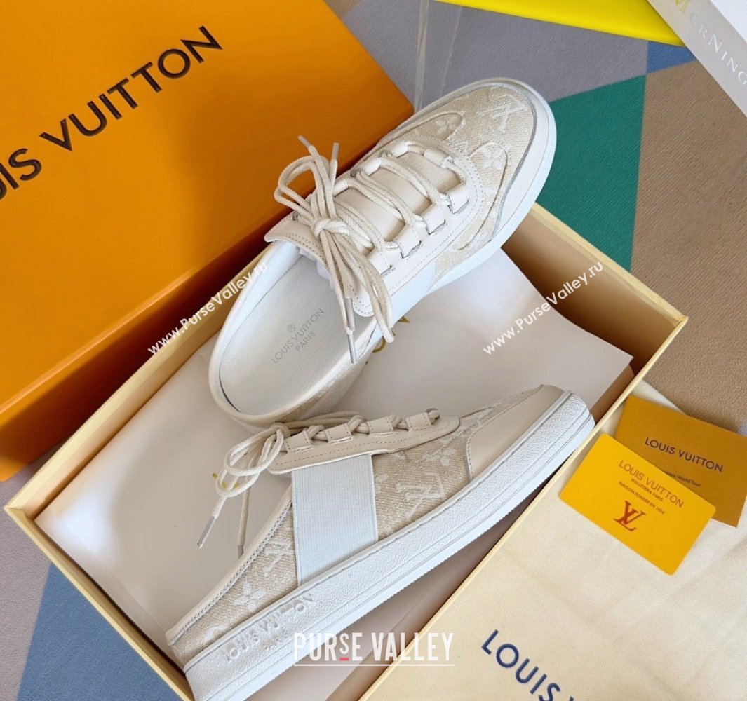 Louis Vuitton Lous Open Back Sneakers Calf leather and Monogram Denim Beige Top Quality (guoran-24011222)